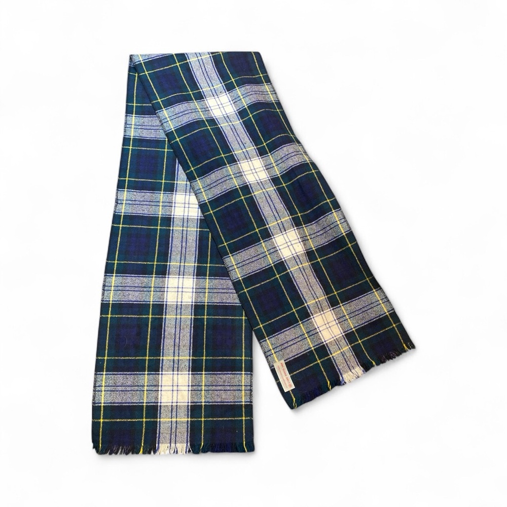 Vintage 100% Wool Plaid Scarf – Navy, Blue, Yellow & White Tartan